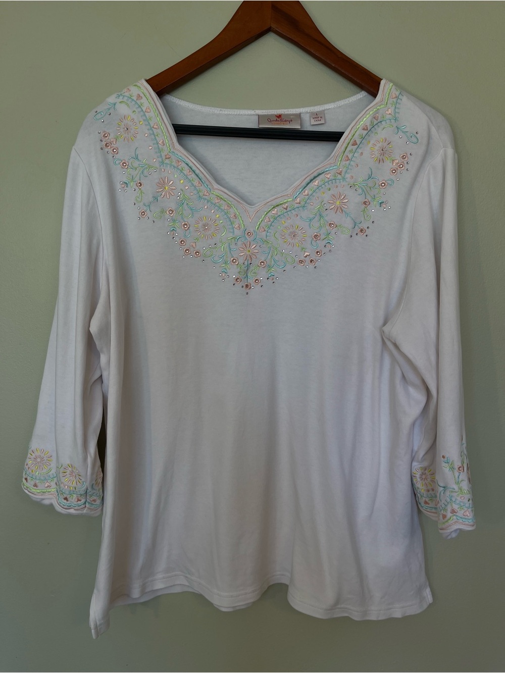 100% Cotton Quacker Factory Pastel Floral Embroidered 3/4 Sleeve Top L